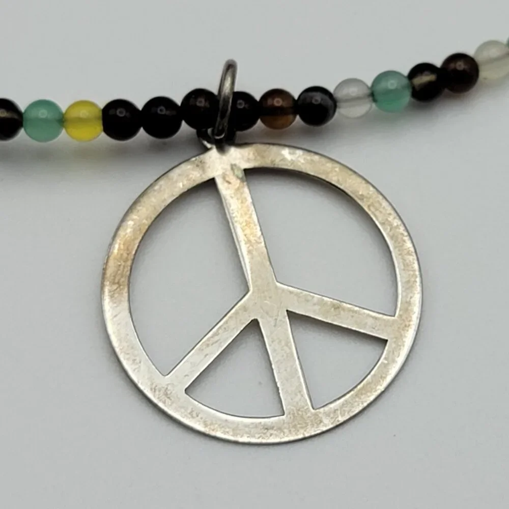 ATI 925 Sterling Silver PEACE SIGN Pendant Multicolor Glass Seed Bead Necklace
